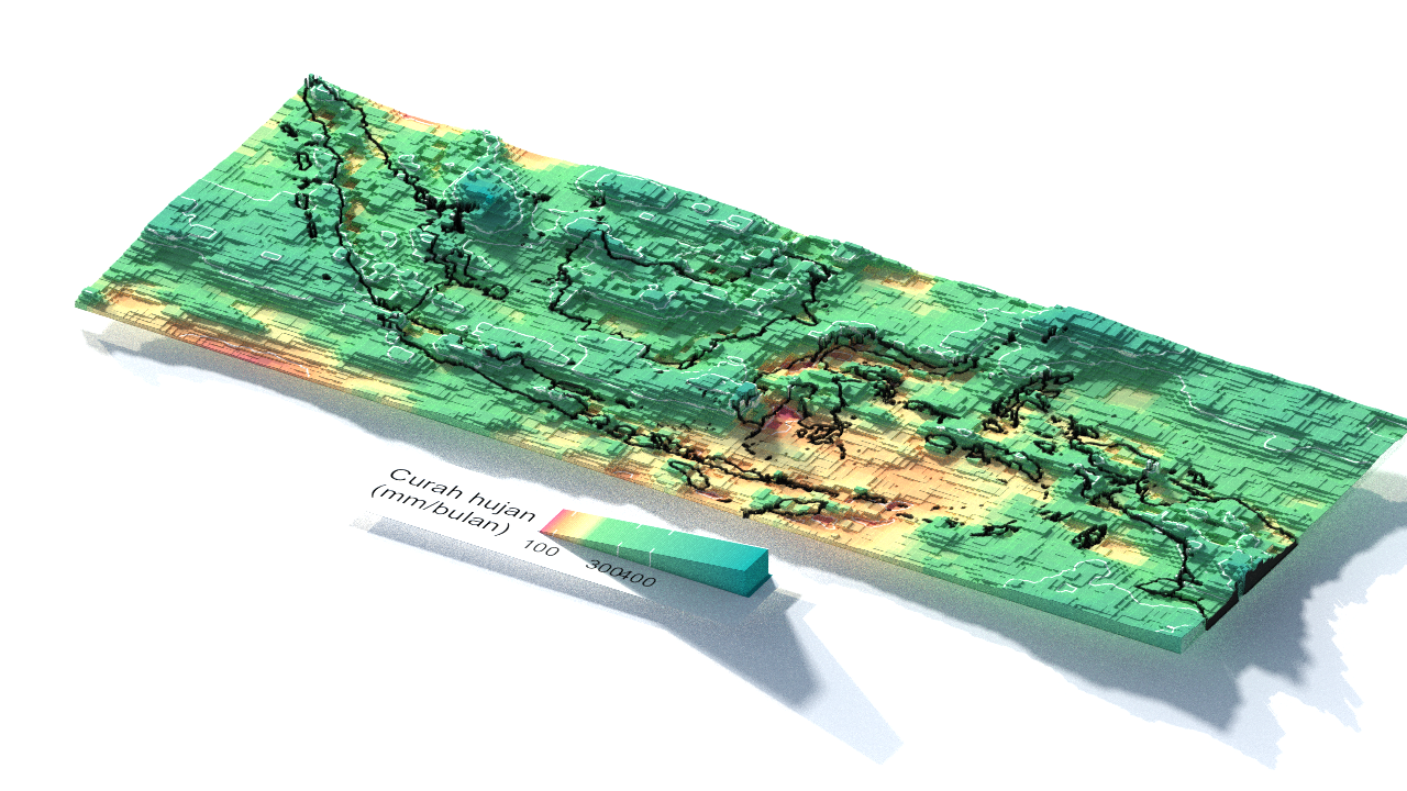 Peta 3D yang menyajikan curah hujan Indonesia pada Januari 2023